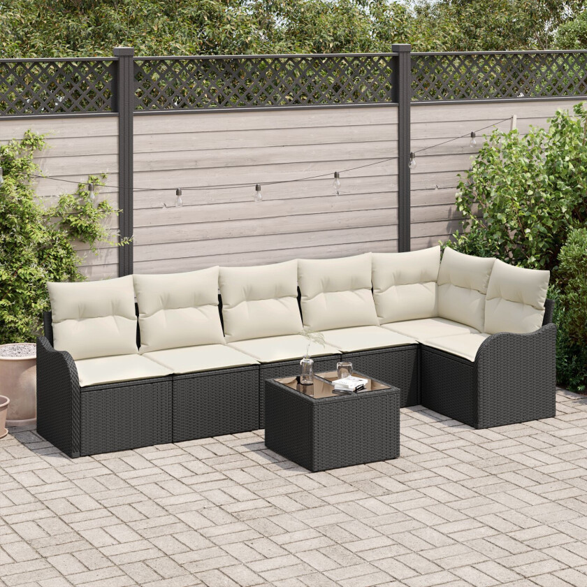 6-delt Hagesofa Sett med Puter Brun Poly Rattan, 2-seters Hagesofa med Oppbevaring & Puter Svart Poly Rattan