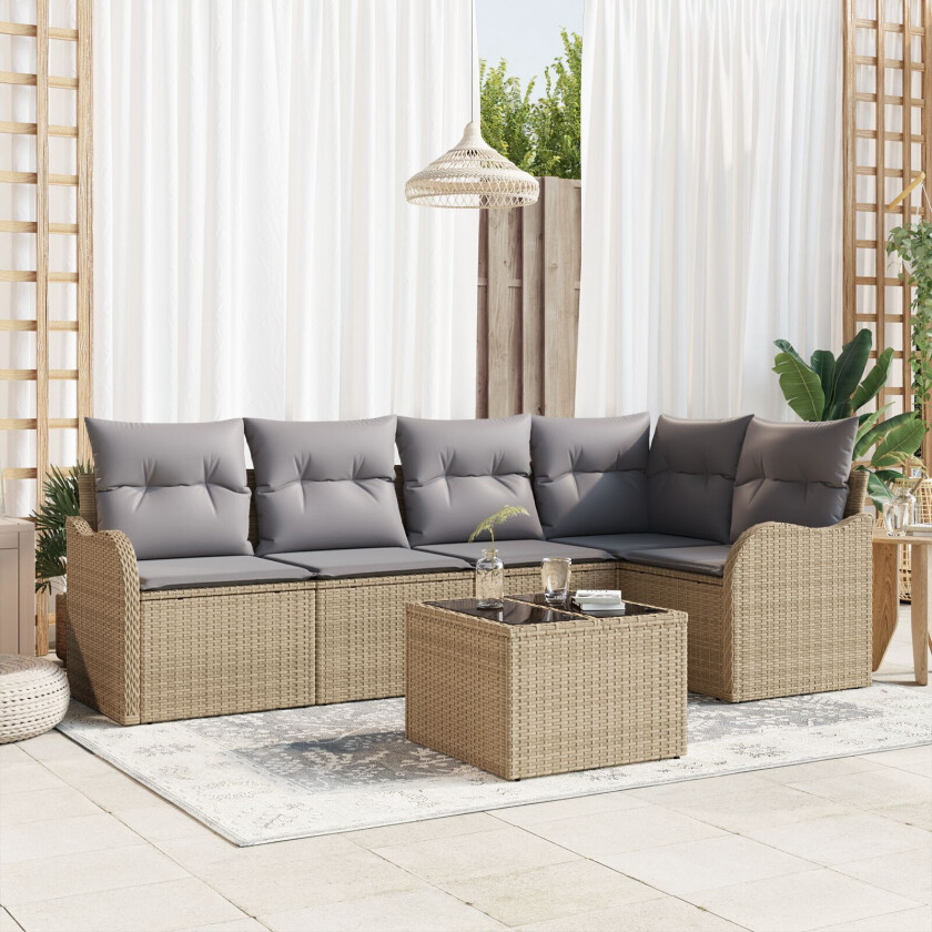6-delt hagesofa sett med puter svart poly rattan, 2-seters hagesofa med oppbevaring og puter beige poly rattan