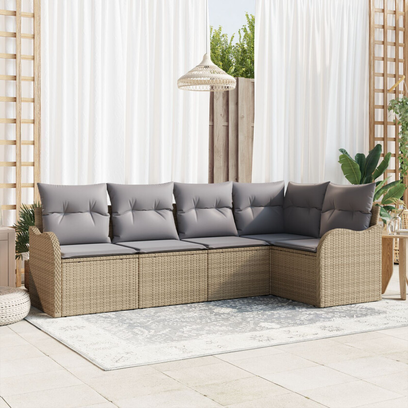 5-delers hagesofa sett med puter, beige poly rattan, 2-seters hagesofa med oppbevaring og puter, beige poly rattan