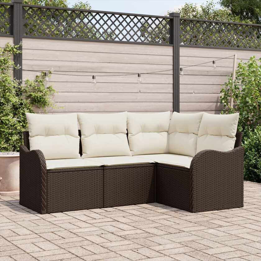4 Delt Hagesofa Sett med Puter Brun Poly Rattan, 2-seters Hagesofa med Oppbevaring & Puter Brun Poly Rattan