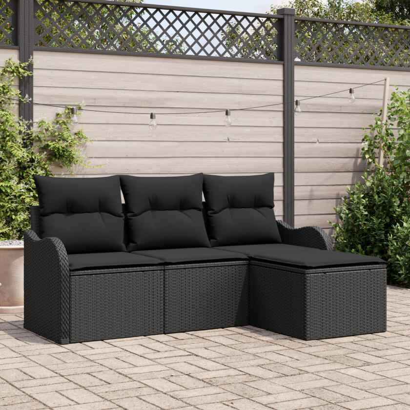 4 Delers Hagesofa Sett Med Puter Svart Poly Rattan, 2-seters Hagesofa Med Oppbevaring & Puter Svart Poly Rattan