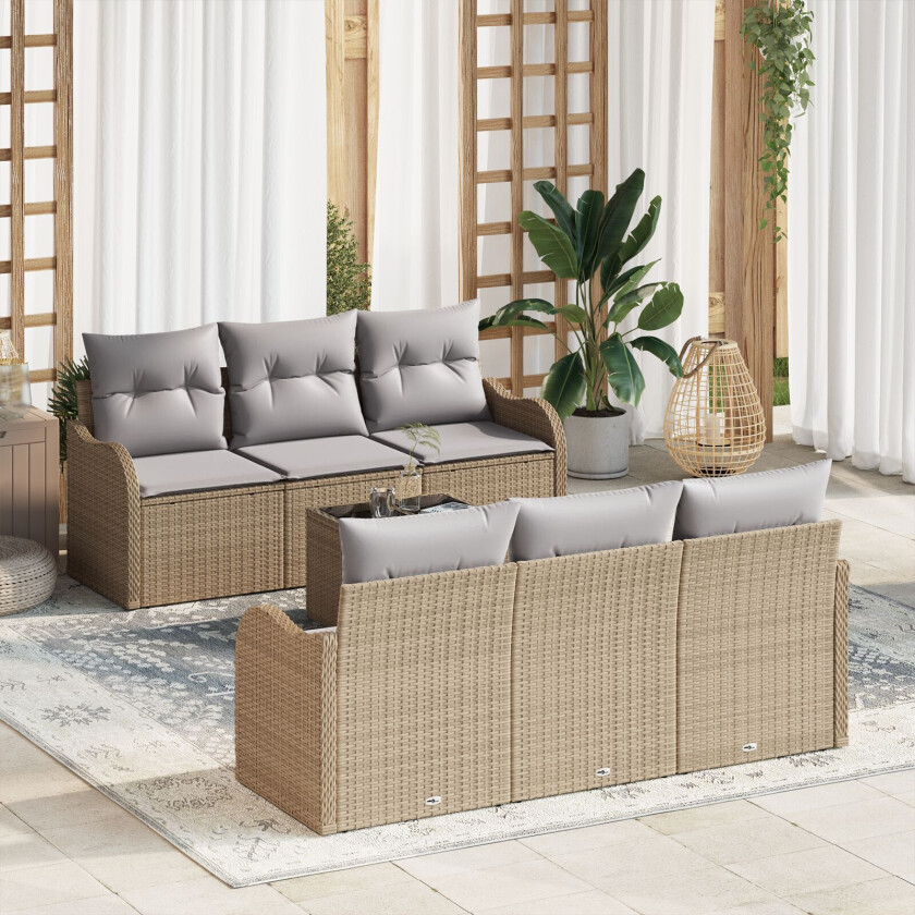 7-delt hage sofa sett med puter i beige poly rattan, 2-seters hage sofa med lagring og puter i beige poly rattan
