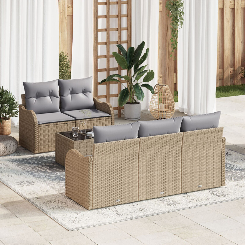 6 Delt Hage Sofa Sett med Puter Beige Poly Rattan, 2-seter Hage Sofa med Oppbevaring & Puter Beige Poly Rattan
