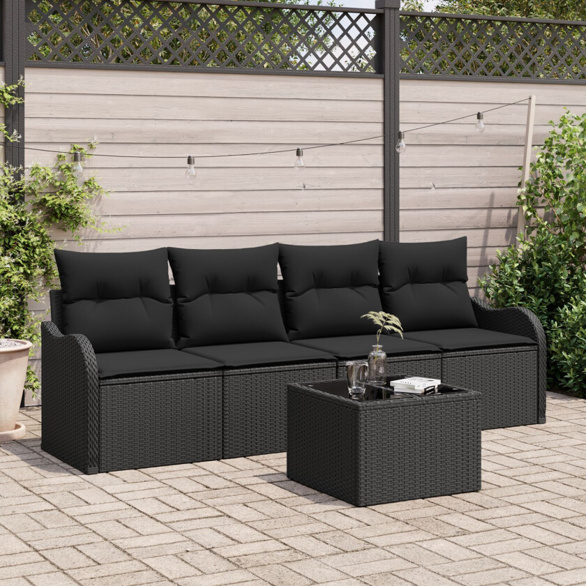 5 Delt Hagesofa Sett med Puter Svart Poly Rattan, 2-seters Hagesofa med Oppbevaring & Puter Svart Poly Rattan