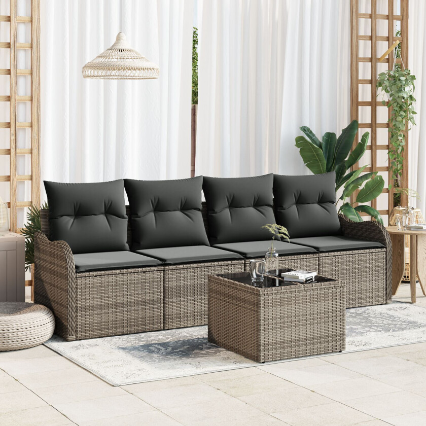 5 Delers Hage Sofa Set Med Puter Grå Poly Rattan, 2-seters Hage Sofa Med Oppbevaring&Puters Grå Poly Rattan