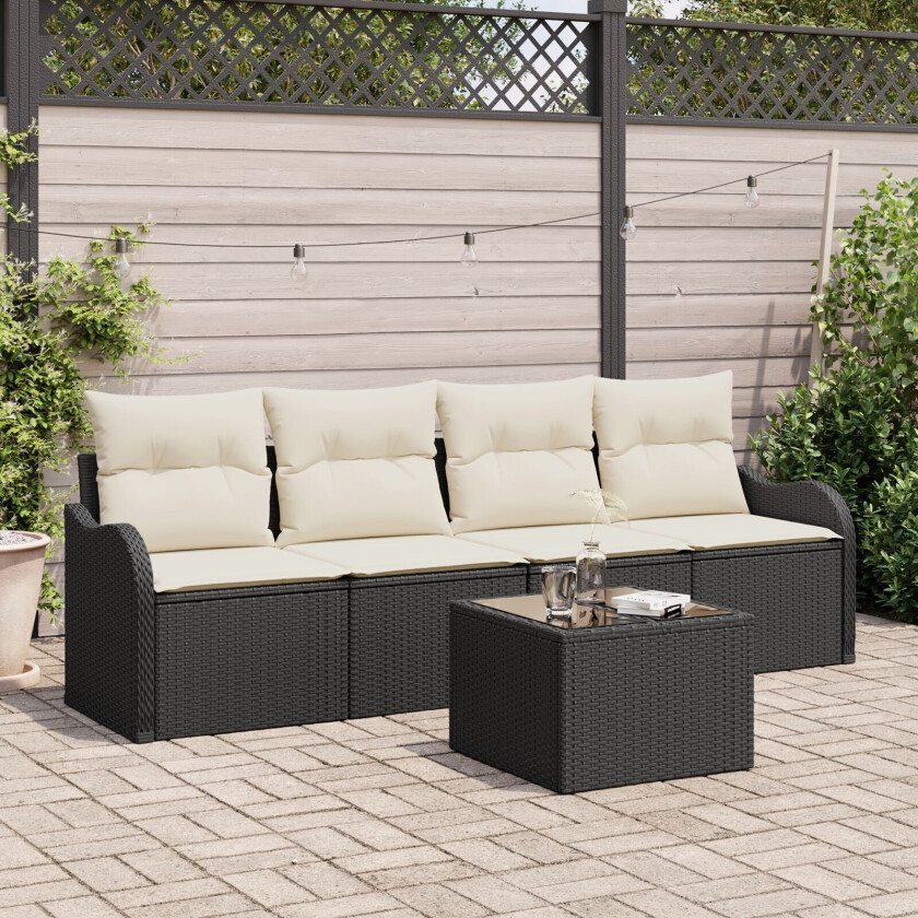 5 Delt Hagesofa Set med Puter Svart Poly Rattan, 2-seters Hagesofa med Oppbevaring & Puter Svart Poly Rattan