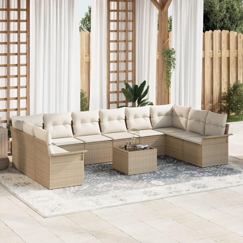 11 Stykk Hage Sofa Sett med Puter Brun Poly Rattan, 2-seters Hage Sofa med Oppbevaring & Puter Beige Poly Rattan