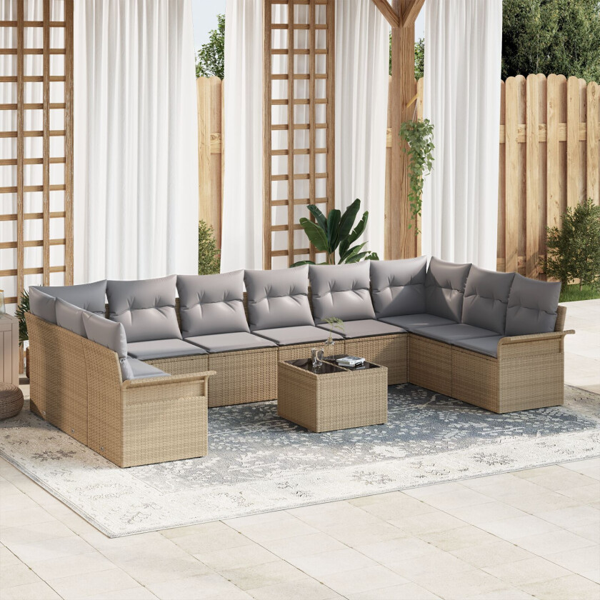 11 Delers Hage Sofa Set med Puter Svart Poly Rattan, 2-seters Hage Sofa med Oppbevaring & Puter Beige Poly Rattan
