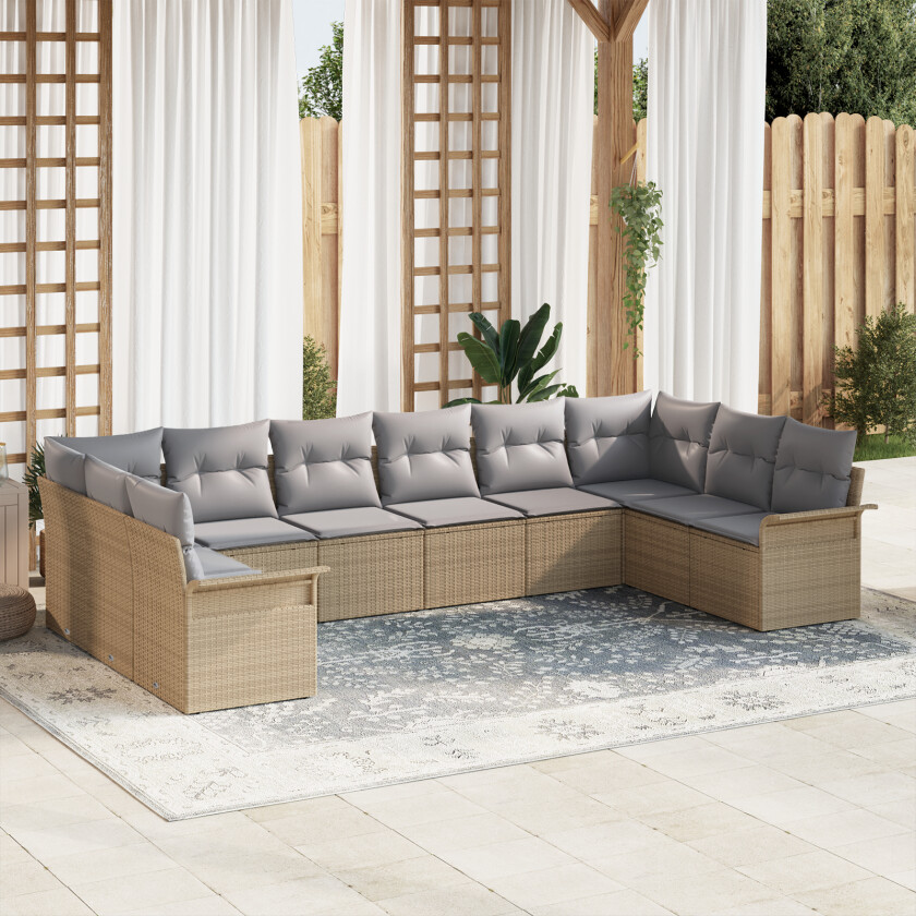 10 Delt Hage Sofa Sett med Puter Beige Poly Rattan, 2-seters Hage Sofa med Oppbevaring & Puter Beige Poly Rattan