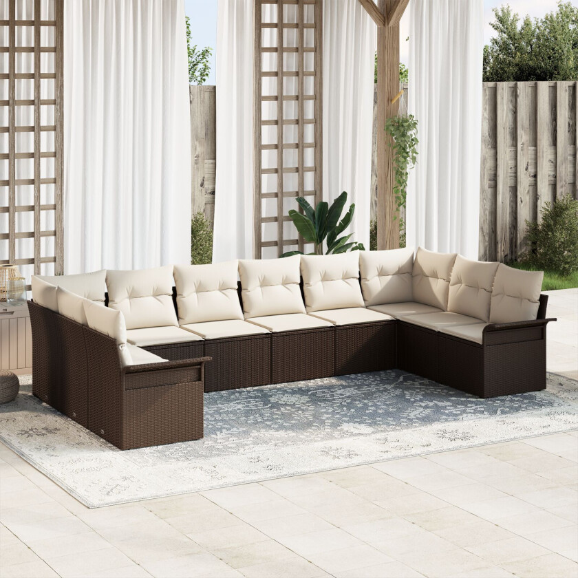 10-delt Hage Sofa Set med Puter Brun Poly Rattan, 2-seters Hage Sofa med Oppbevaring & Puter Brun Poly Rattan