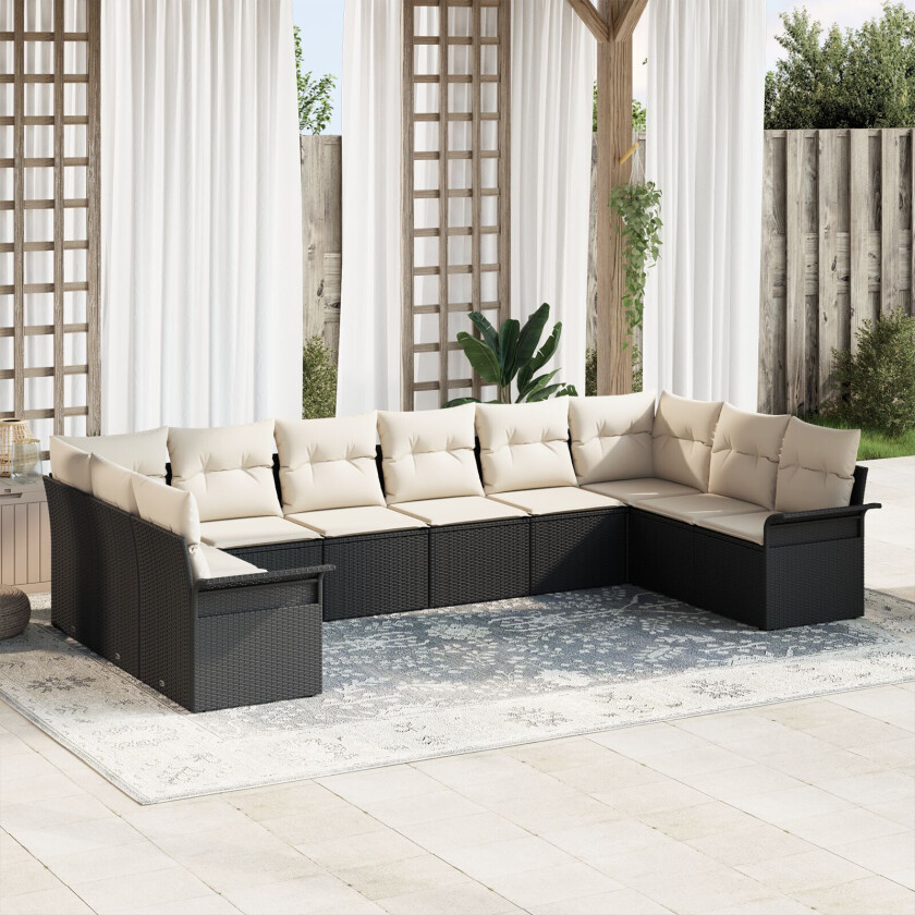 10 Delt Hage Sofa Sett med Puter Svart Poly Rottingsofa, 2-seter Hage Sofa med Oppbevaring & Puter Svart Poly Rottingsofa