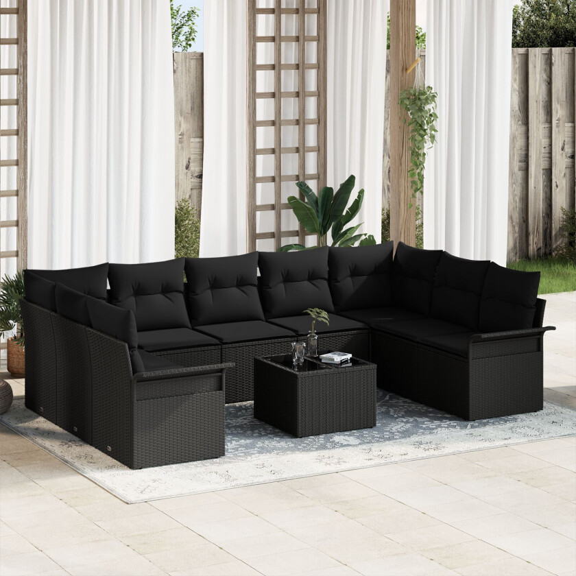 10-delt Hage Sofa Sett med Puter Beigefarget Poly Rattan, 2-seters Hage Sofa med Oppbevaring & Puter Svart Poly Rattan