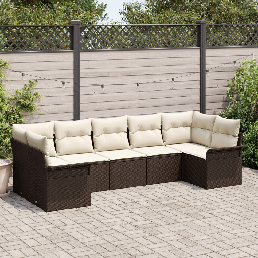 7-Delt Hage Sofa Set med Puter Brun Poly Rattan, 2-seters Hage Sofa med Oppbevaring & Puter Brun Poly Rattan