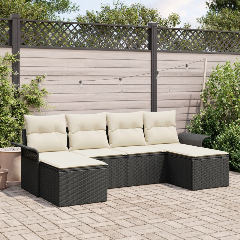 6 Delt Hagesofa Sett Med Puter Svart Poly Rattan, 2-seters Hagesofa Med Oppbevaring & Puter Svart Poly Rattan