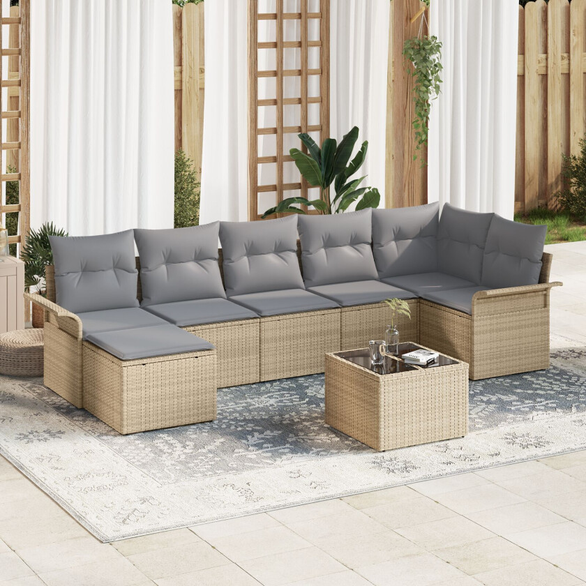 8 Delt Hagesofa Set med Puter Sort Polyrotting, 2-seter Hagesofa med Oppbevaring & Puter Beige Polyrotting