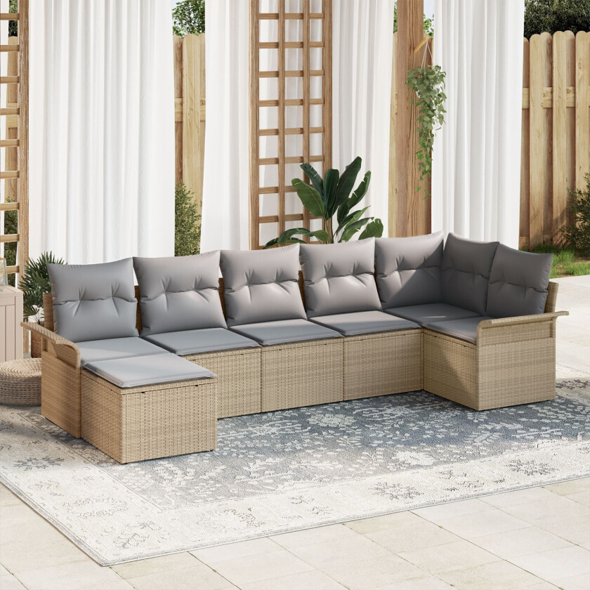 7 Delt Hagesofa Sett med Puter Beige Poly Rattan, 2-seters Hagesofa med Oppbevaring & Puter Beige Poly Rattan