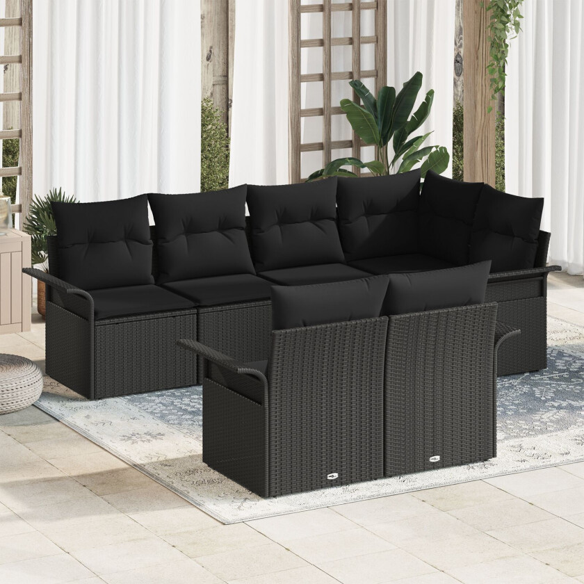7-Delt Hage Sofa Sett med Puter Svart Poly Rattan, 2-seters Hage Sofa med Oppbevaring & Puter Svart Poly Rattan