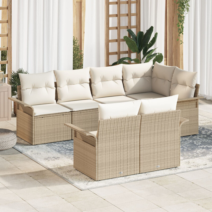 7 Delt Hagesofa Set Med Puter Beige Poly Rattan, 2-seters Hagesofa Med Oppbevaring & Puter Beige Poly Rattan