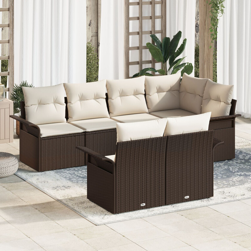 7 Delers Hage Sofa Set med Puter Brun Poly Rattan