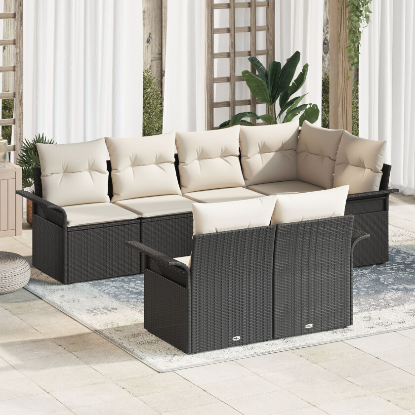 7 Delt Hage Sofa Sett med Puter Sort Poly Rattan, 2-seters Hage Sofa med Oppbevaring & Puter Sort Poly Rattan