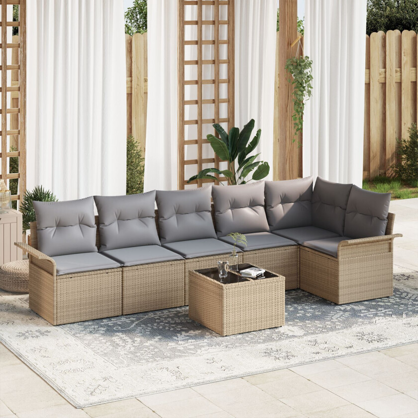 7-delt hagesofa sett med puter svart poly rattan, 2-seters hagesofa med oppbevaring og puter beige poly rattan