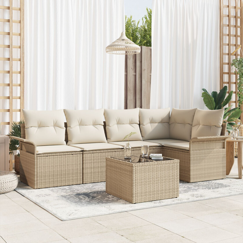 6 Delers Hage Sofa Set med Puter Brun Polyrotting, 2-seters Hage Sofa med Oppbevaring&Putene Beige Polyrotting