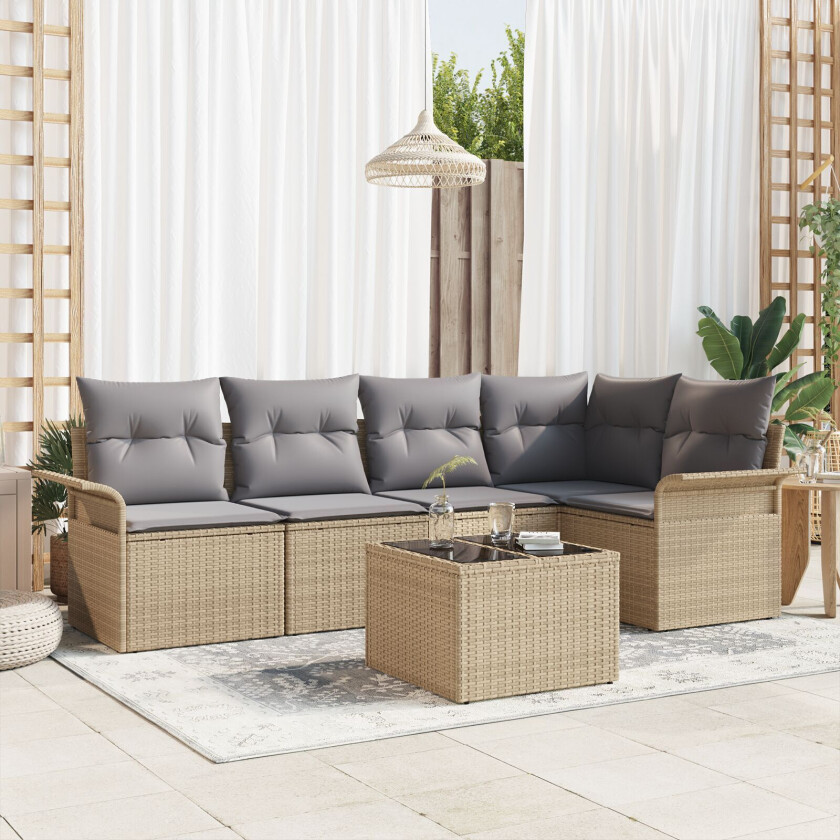 6-delt hagemøbelsett med puter svart polyrattan, 2-seters hagesofa med puter og lagring beige polyrattan