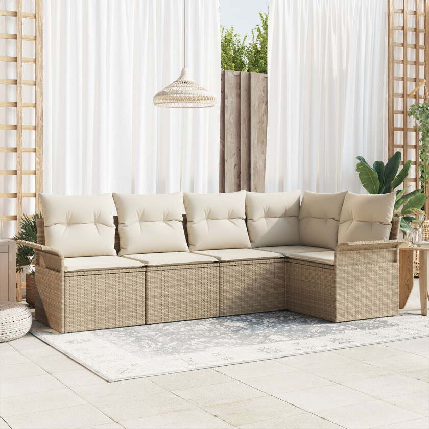 5-delers Hagesofasett med Puter Beige Poly Rattan, 2-seters Hagesofa med Oppbevaring & Puter Beige Poly Rattan