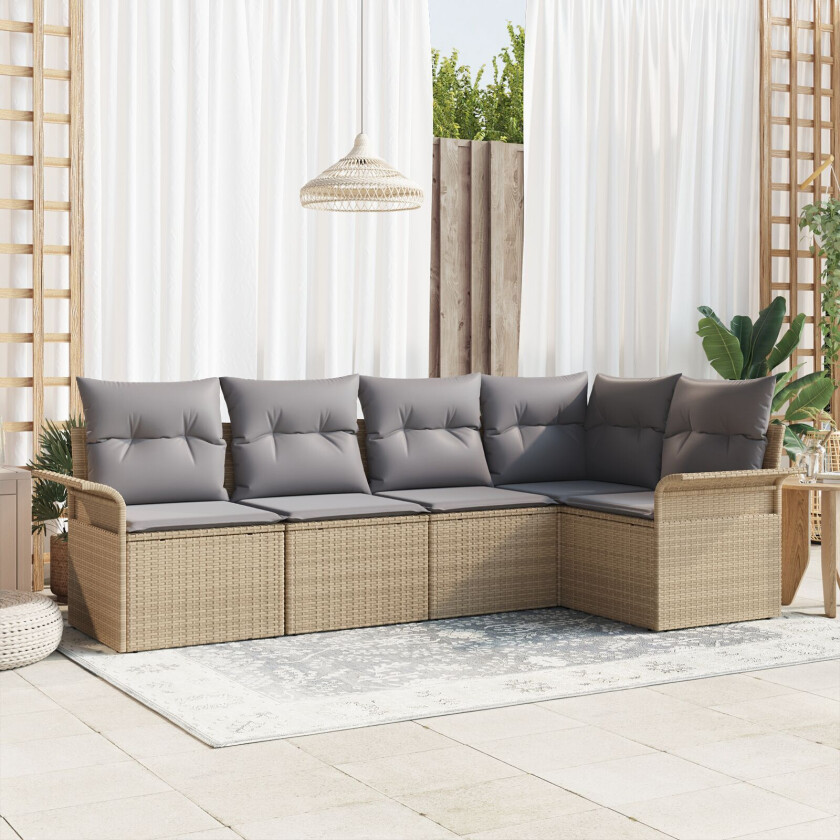 5 Delt Hagesofa Sett med Puter Beige Poly Rattan, 2-seters Hagesofa med Oppbevaring & Puter Beige Poly Rattan
