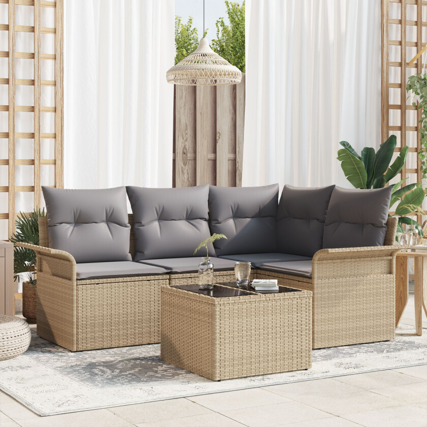 5-delt hagesofa sett med puter svart poly rattan, 2-seters hagesofa med lagring og puter beige poly rattan