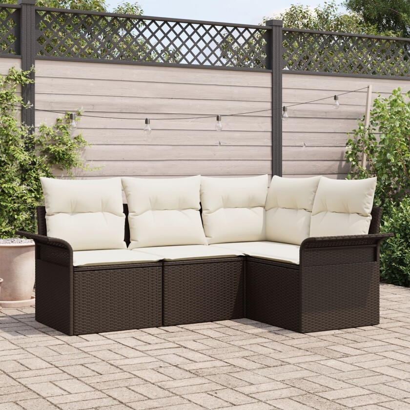 4-delt Hagesofa Set med Puter Brun Poly Rattan, 2-seter Hagesofa med Oppbevaring & Puter Brun Poly Rattan