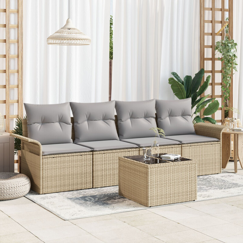 5-delt Hage Sofa Set med Puter Beige Poly Rattan, 2-seters Hage Sofa med Oppbevaring & Puter Beige Poly Rattan