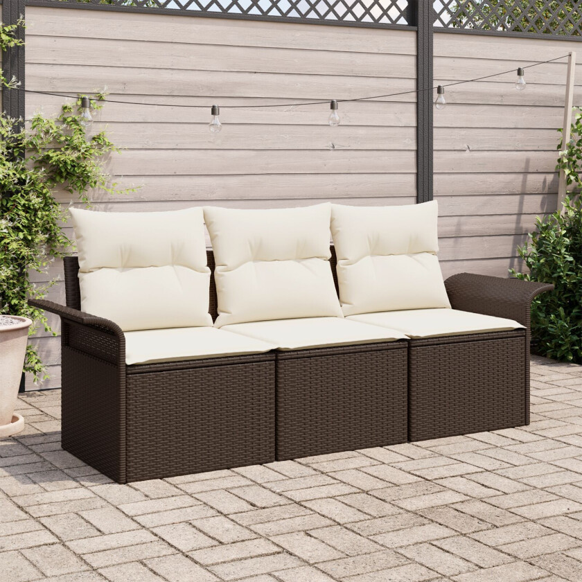 3 Delers Hagesofa Set med Puter Brun Poly Rattan, 2-seters Hagesofa med Oppbevaring & Puter Brun Poly Rattan