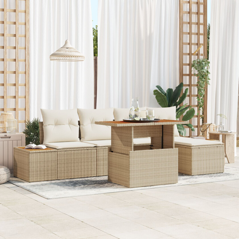 6 Delt Hage Spisestue Sett med Puter Beige Poly Rattan Akasietre