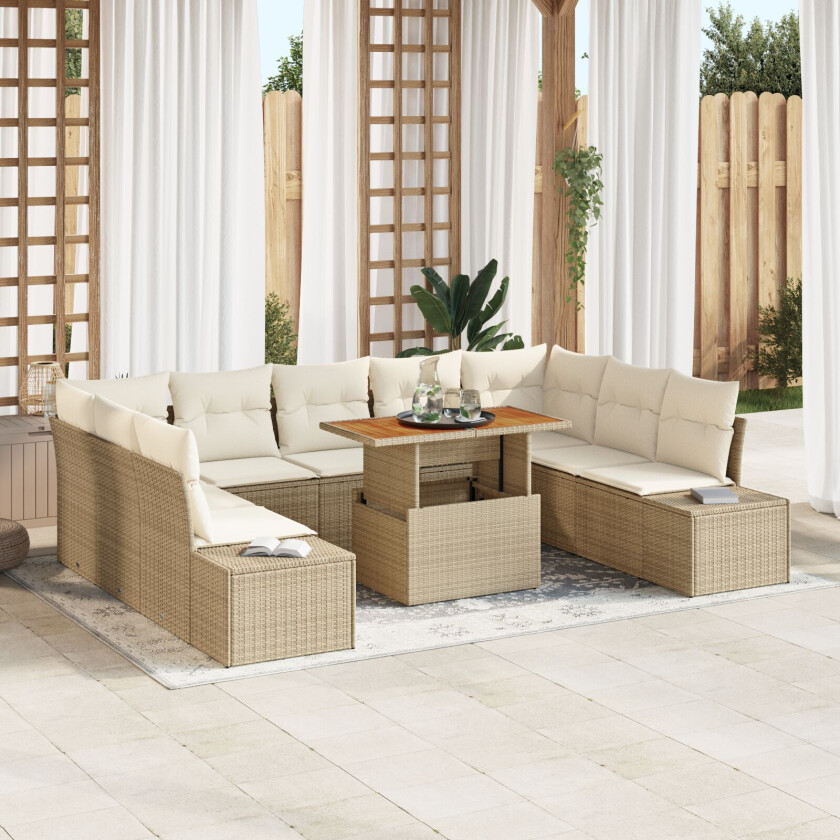 10-delt hage spisegruppe med puter beige poly rattan akacia