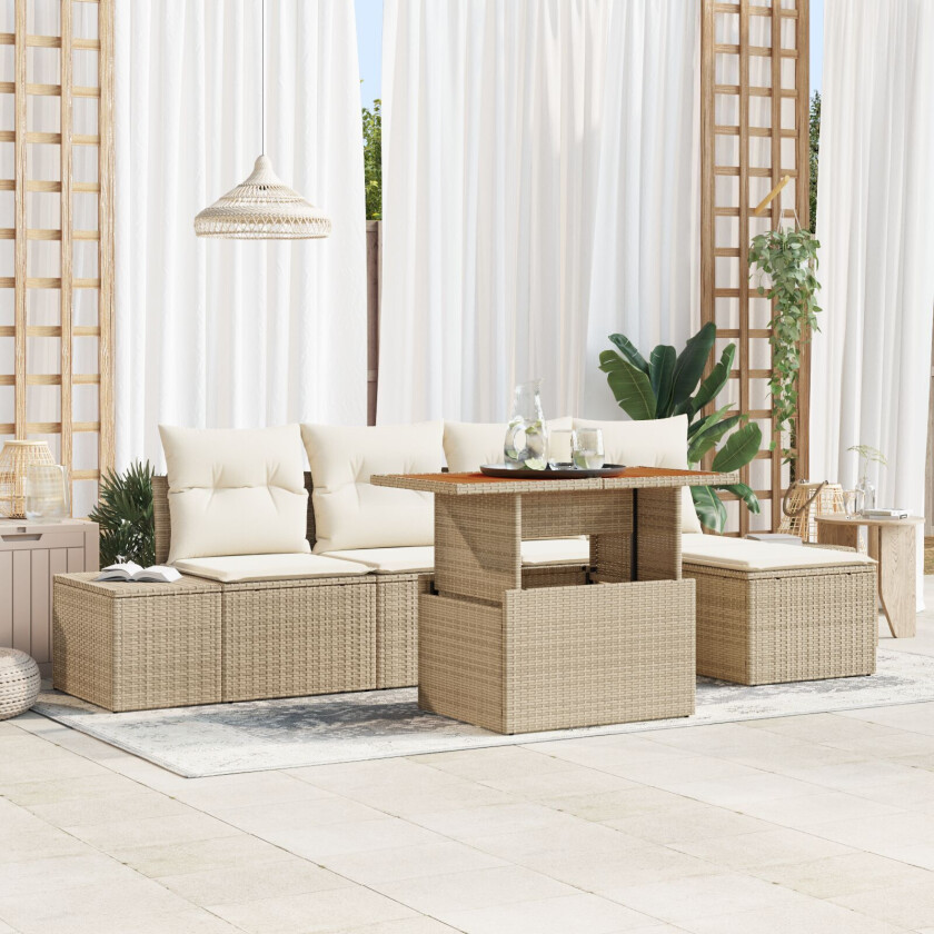6-delt hage spisebord med puter beige poly rattan akasia