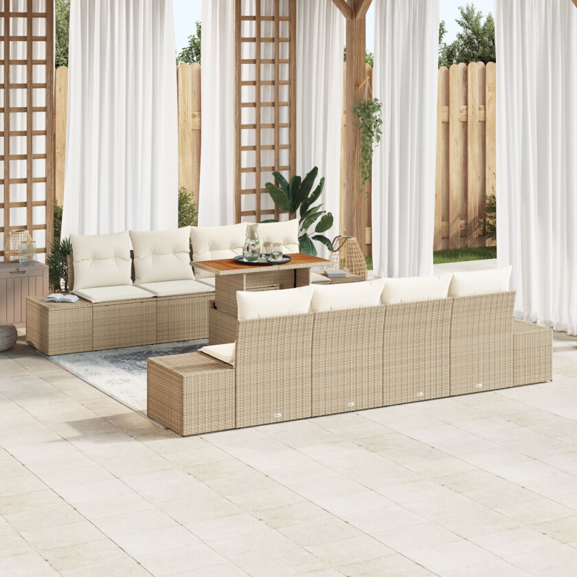 9-delt hage spisegruppe med puter beige poly rattan akacia