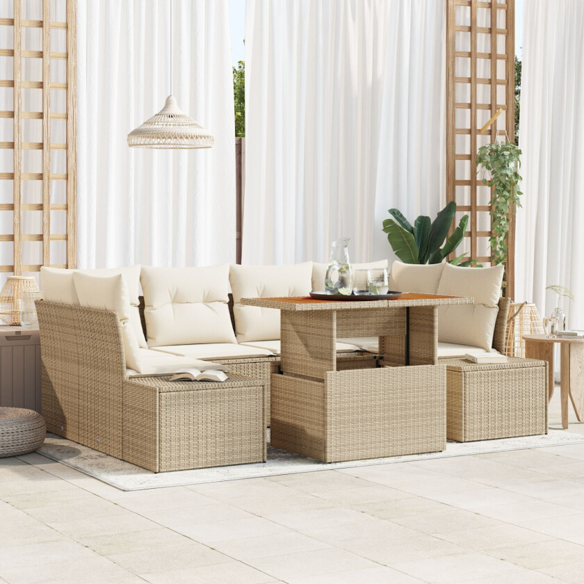 7-delt hage spisegruppe med puter beige poly rattan akacia