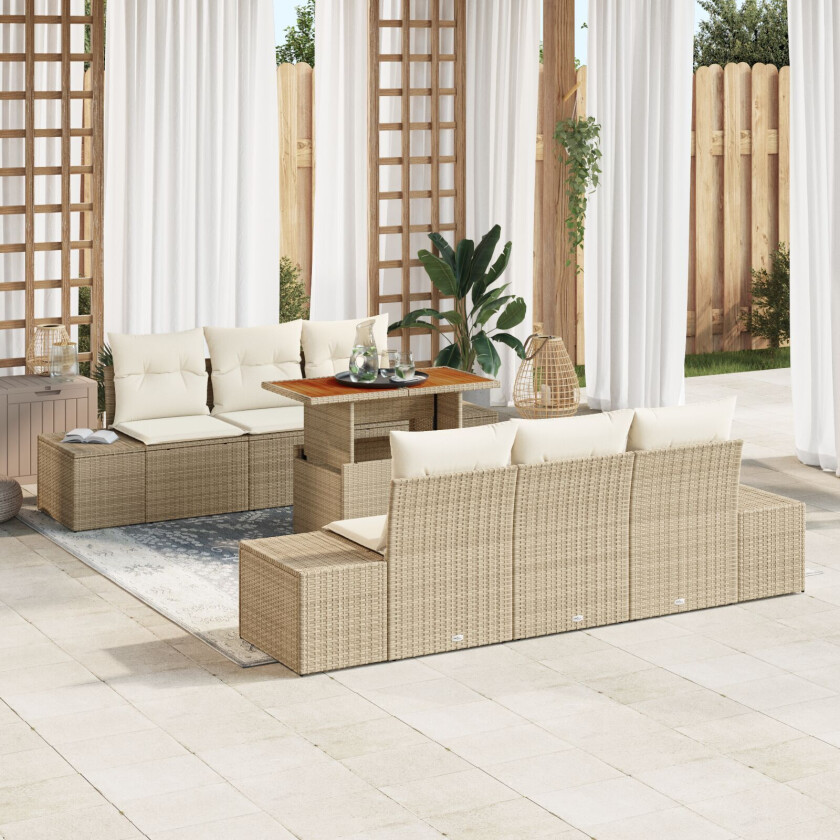 7 Delers Hage Spisegruppe med Puter Beige Poly Rattan Akasie