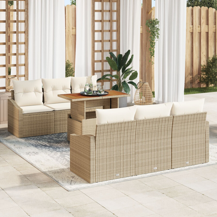 7 Delt Hage Spisebord Set med Puter Beige Poly Rattan Acacia