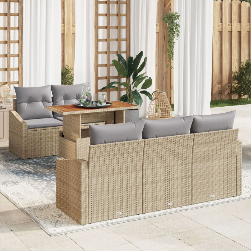 6-delt hage spisesett med puter Beige poly rattan akacia