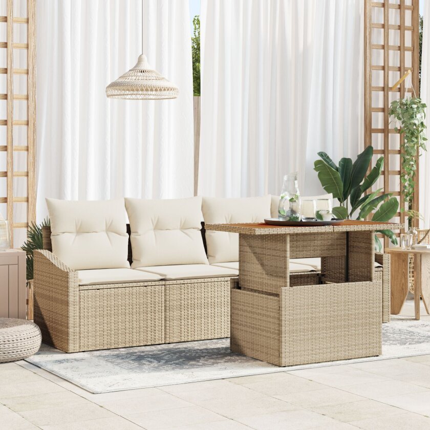 5 Piece Hage Spisestue Sett med Puter Beige Poly Rattan Akacia