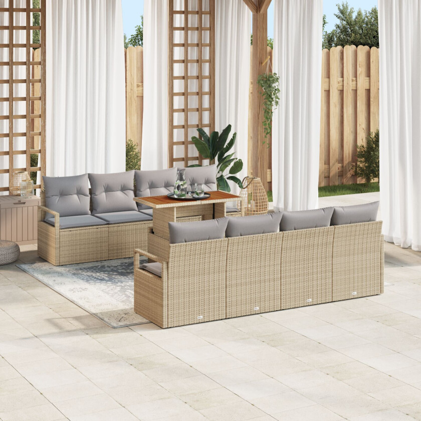 9 Delers Hage Sofa Set med Puter Beige Poly Rattan Akasie, 2-seters Hage Sofa med Puter Beige Poly Rattan