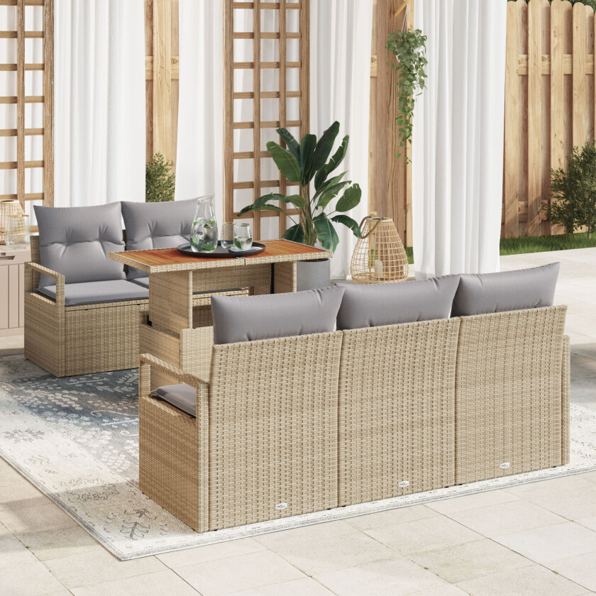 6 Delt Hage Sofa Sett med Puter Beige Poly Rattan Akasia, 2-seters Hage Sofa med Puter Beige Poly Rattan