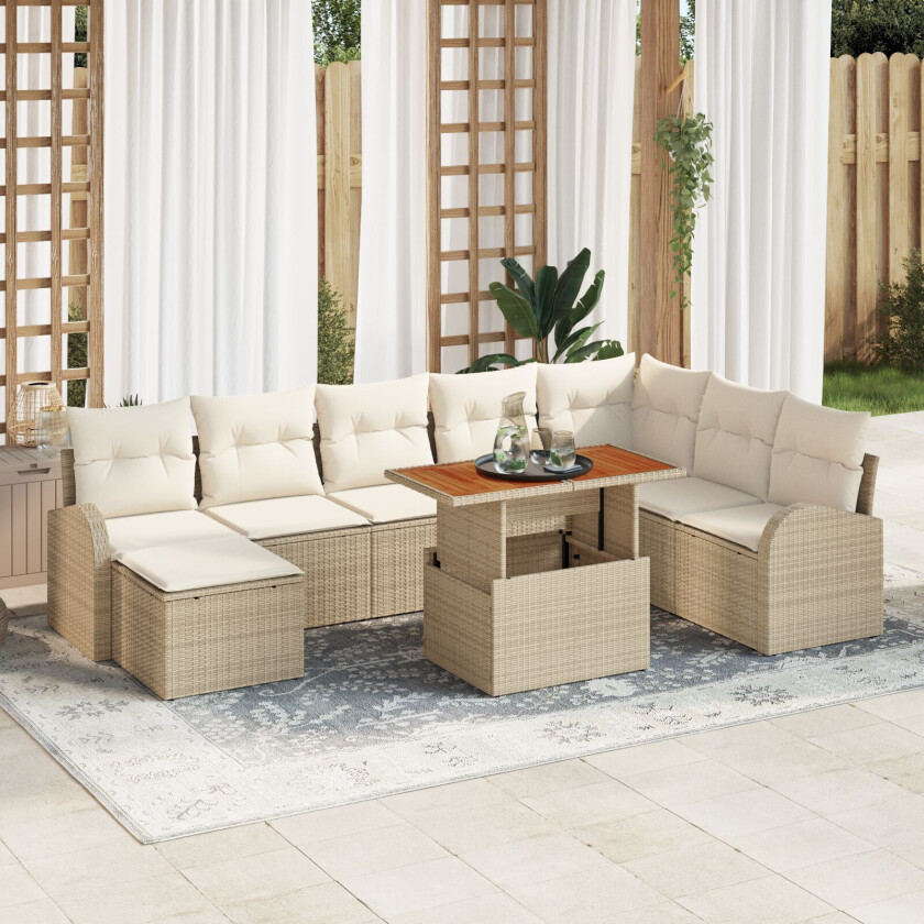 9 Delers Hage Spisegruppe med Puter Beige Poly Rattan Akasie