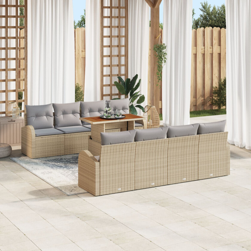 9-delt Hage Spisestue Set med Puter Beige Poly Rattan Akasia