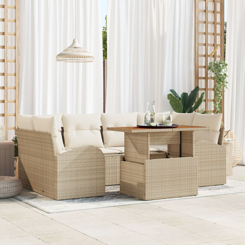 7-delt hagemøbelsett med puter Beige Poly Rattan Akasie