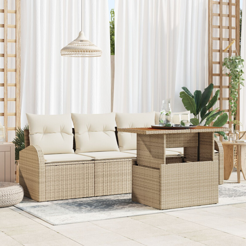 5 Delt Hage Spisesett med Puter Beige Poly Rotting Akacia