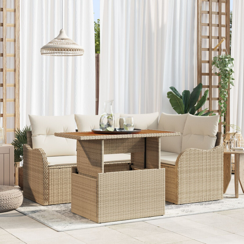 5 Dels Hage Sofaset med Puter Beige Poly Rattan Acacia, 2-seters Hage Sofa med Puter Beige Poly Rattan