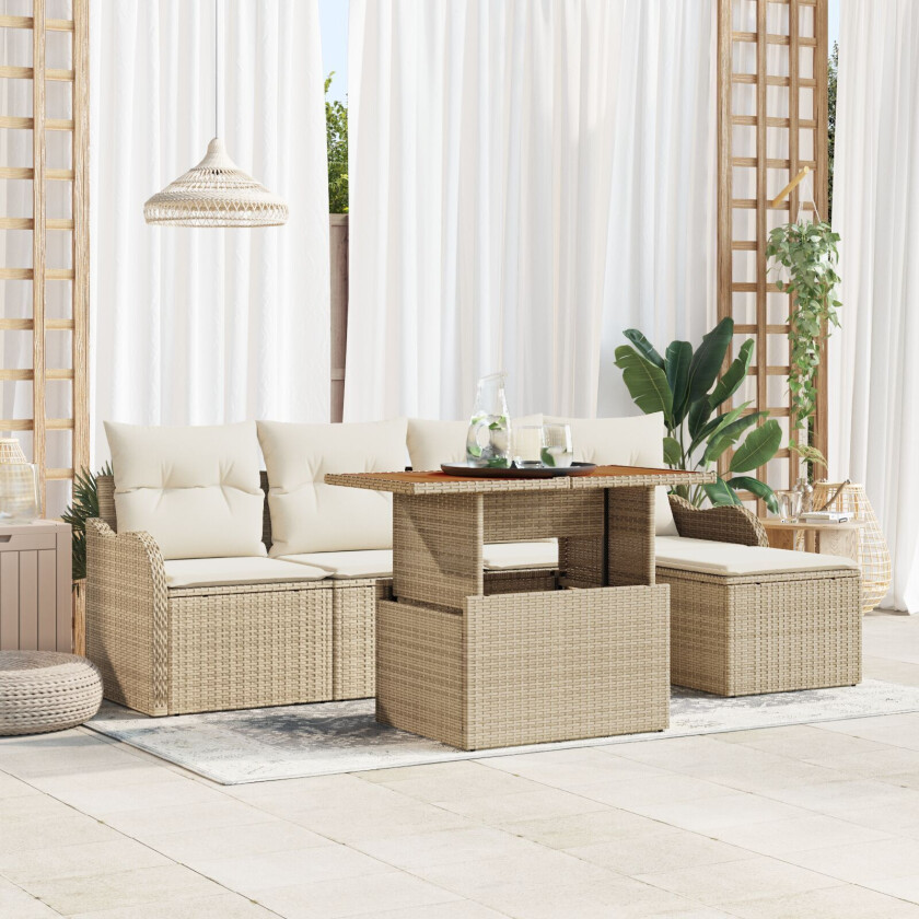 6-delers hage sofa sett med puter Beige Poly Rattan Akasia, 2-seter hage sofa med puter Beige Poly Rattan